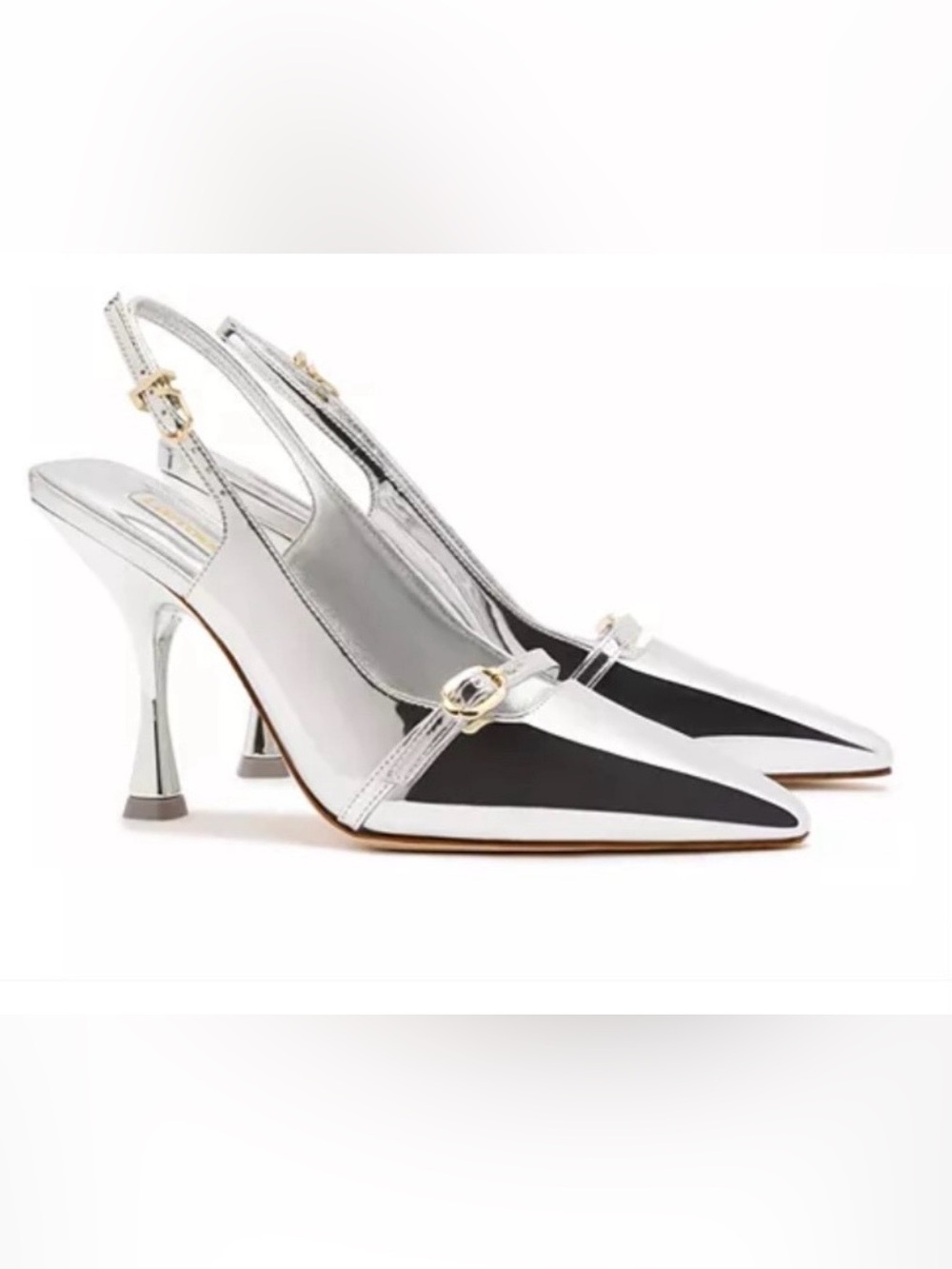 Larroude Ines Hi Patent Leather Slingback Pumps Silver Specchio Size 8